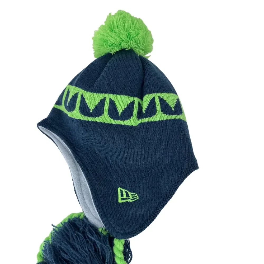 New Era Seattle Seahawks Jacquard Tassel Beanie Hat with Pom Blue Green‎ Youth